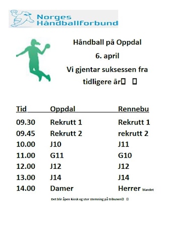 Håndballfest i Oppdal Idrettshall lørdag 6. april!